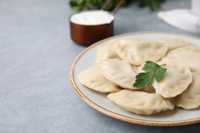 Delicious dumplings (varenyky) with tasty filling and parsley on light grey table, closeup. Space for text