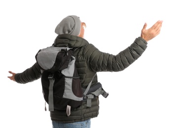 Man with backpack on white background, back view. Winter travel