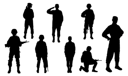 Collage with silhouettes of soldiers on white background. Military service