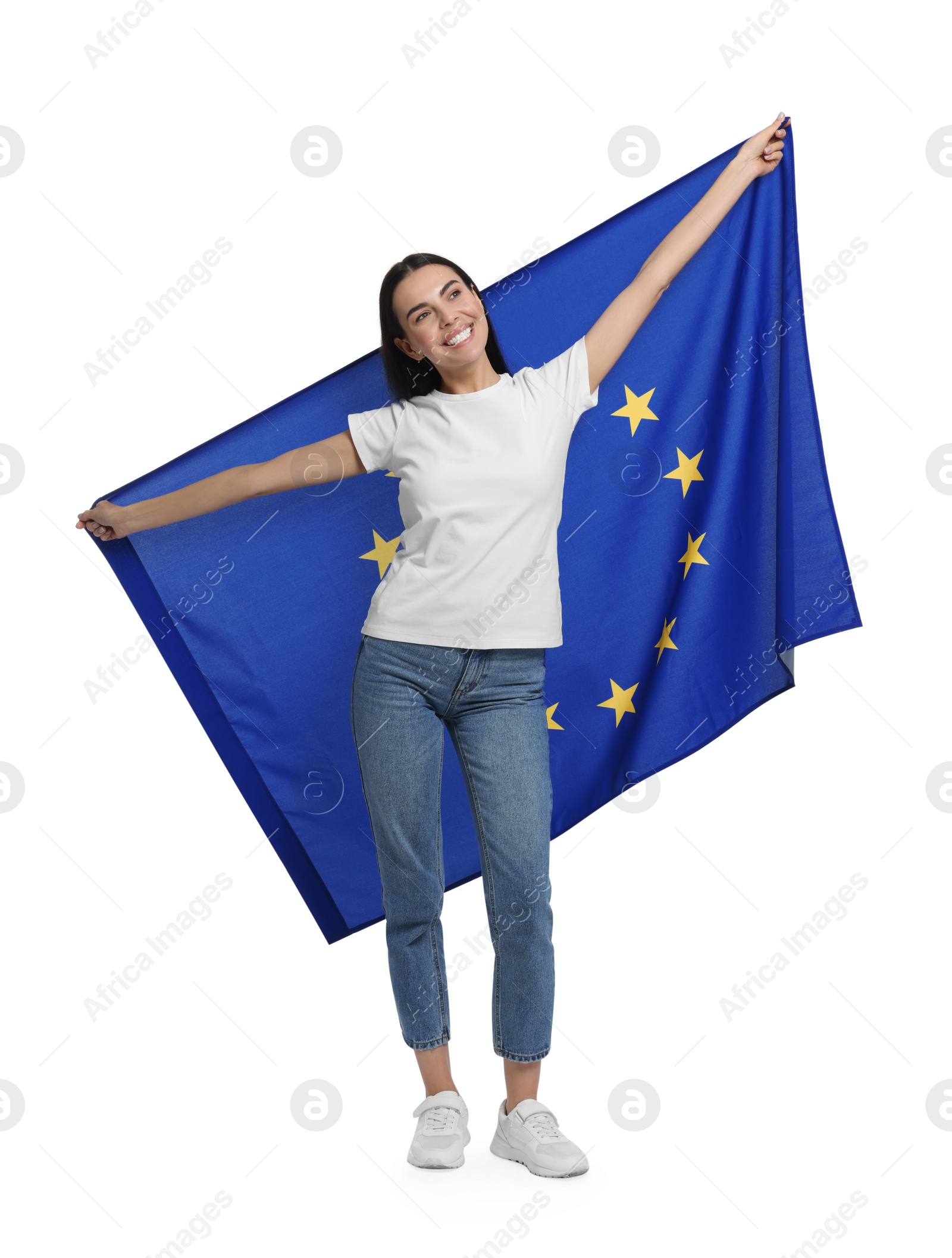 Photo of Woman holding European Union flag on white background