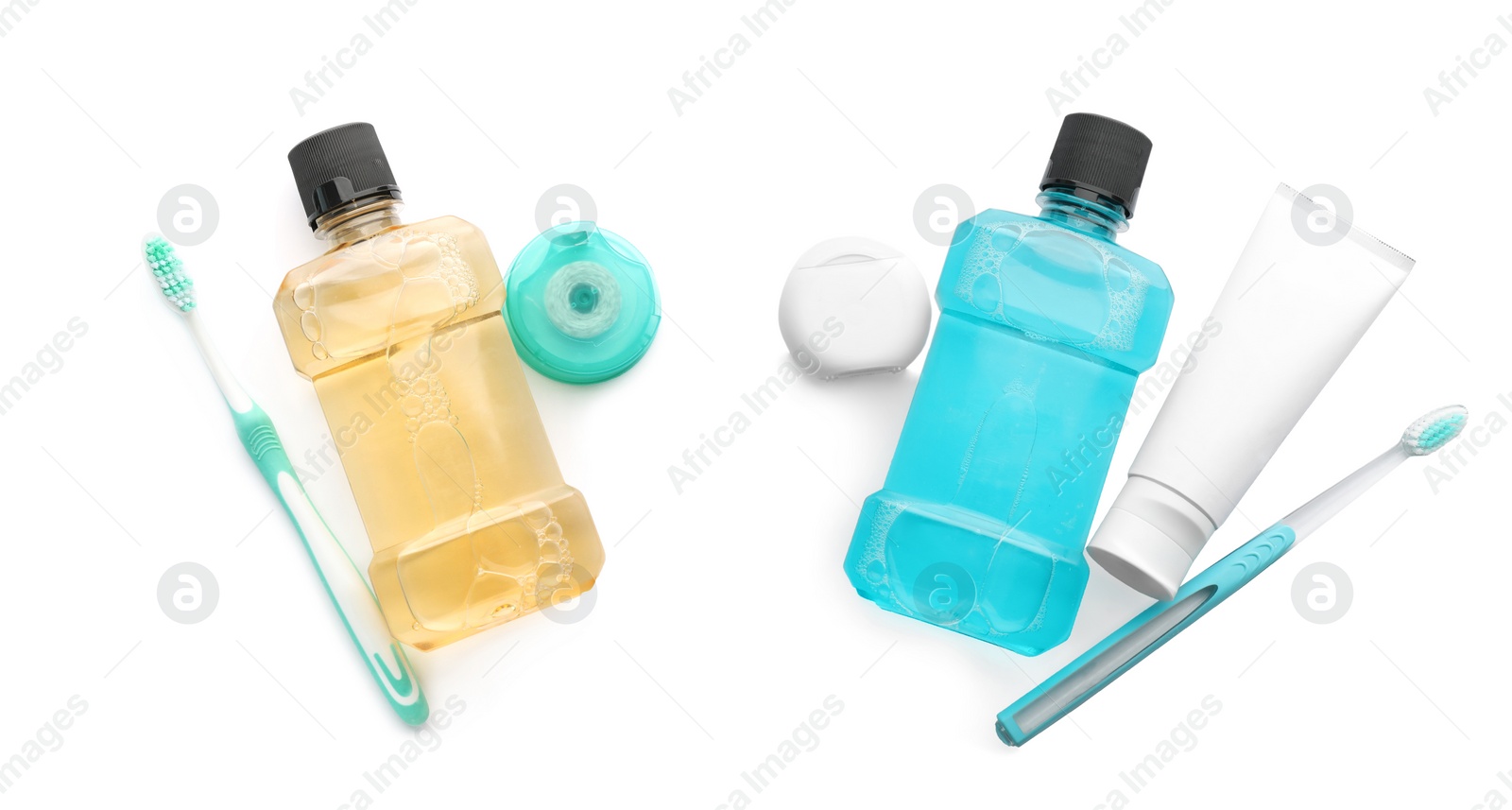 Image of Collage with bottles of mouthwash and other items for teeth care on white background, top view. Banner design