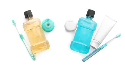 Image of Collage with bottles of mouthwash and other items for teeth care on white background, top view. Banner design