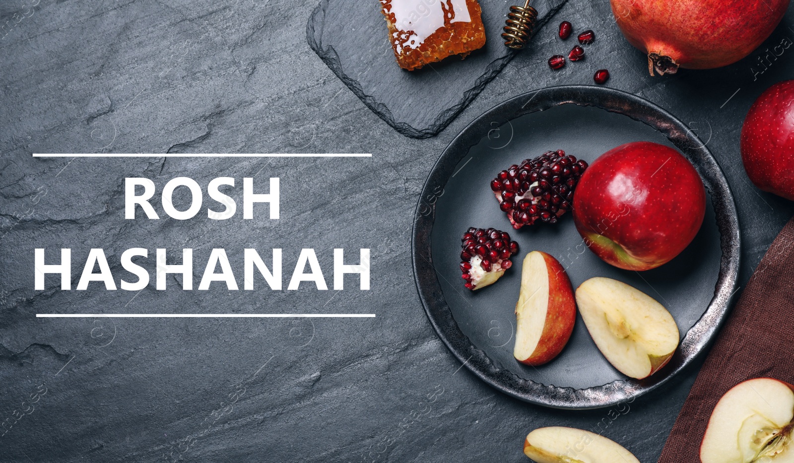 Image of Honey, apples and pomegranates on black table, flat lay. Rosh Hashanah holiday