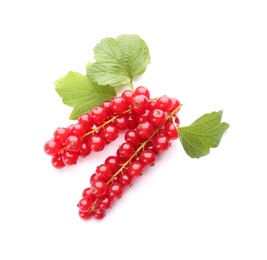 Photo of Delicious ripe red currants isolated on white, top view