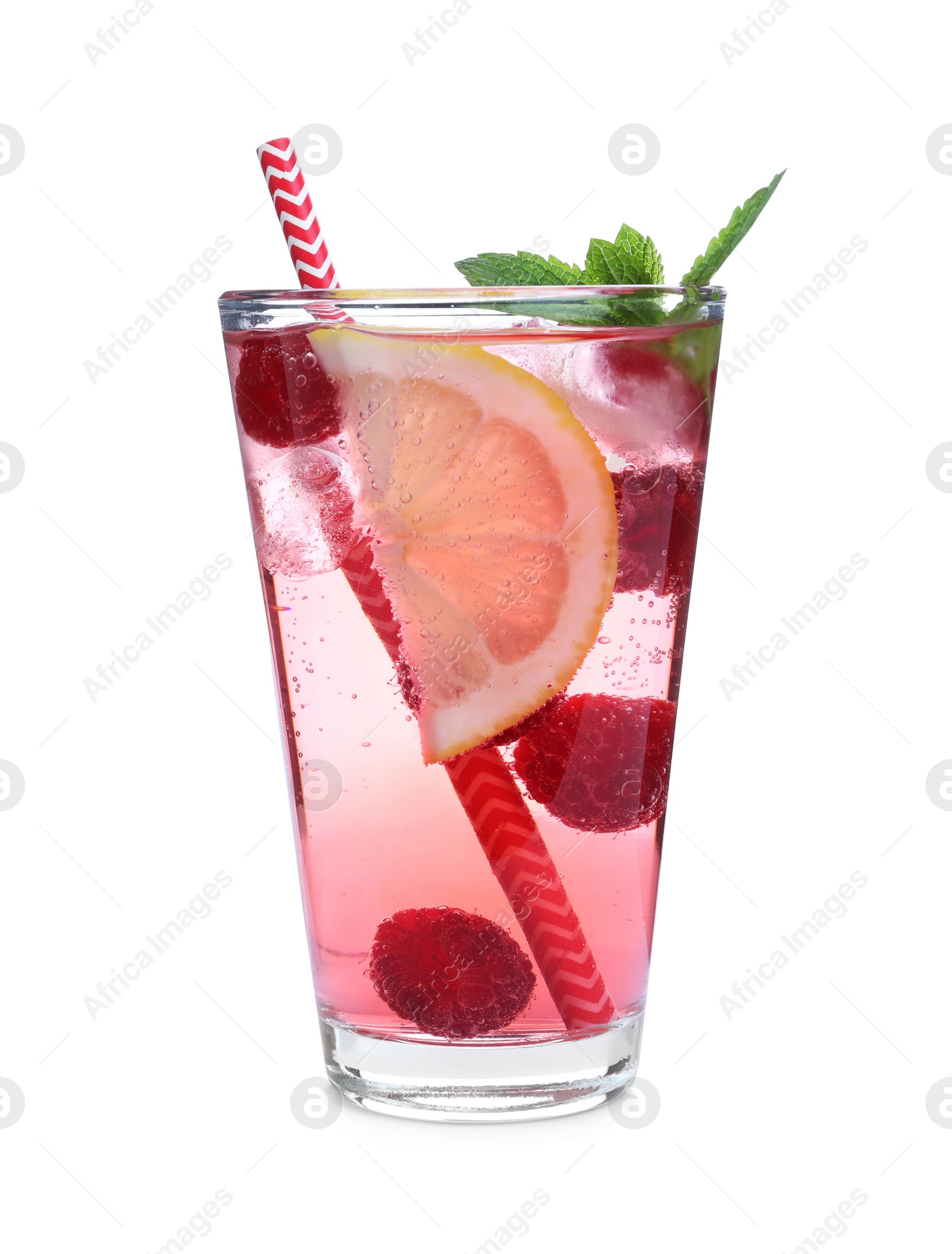 Photo of Delicious raspberry lemonade made with soda water isolated on white