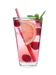 Delicious raspberry lemonade made with soda water isolated on white