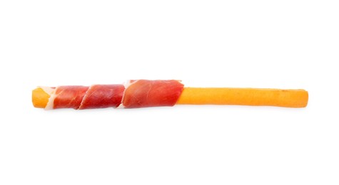 Photo of Delicious grissini stick with prosciutto isolated on white, top view