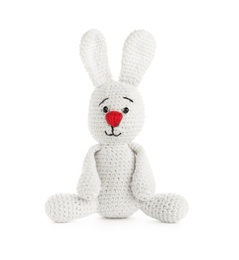Photo of Cute knitted toy bunny isolated on white