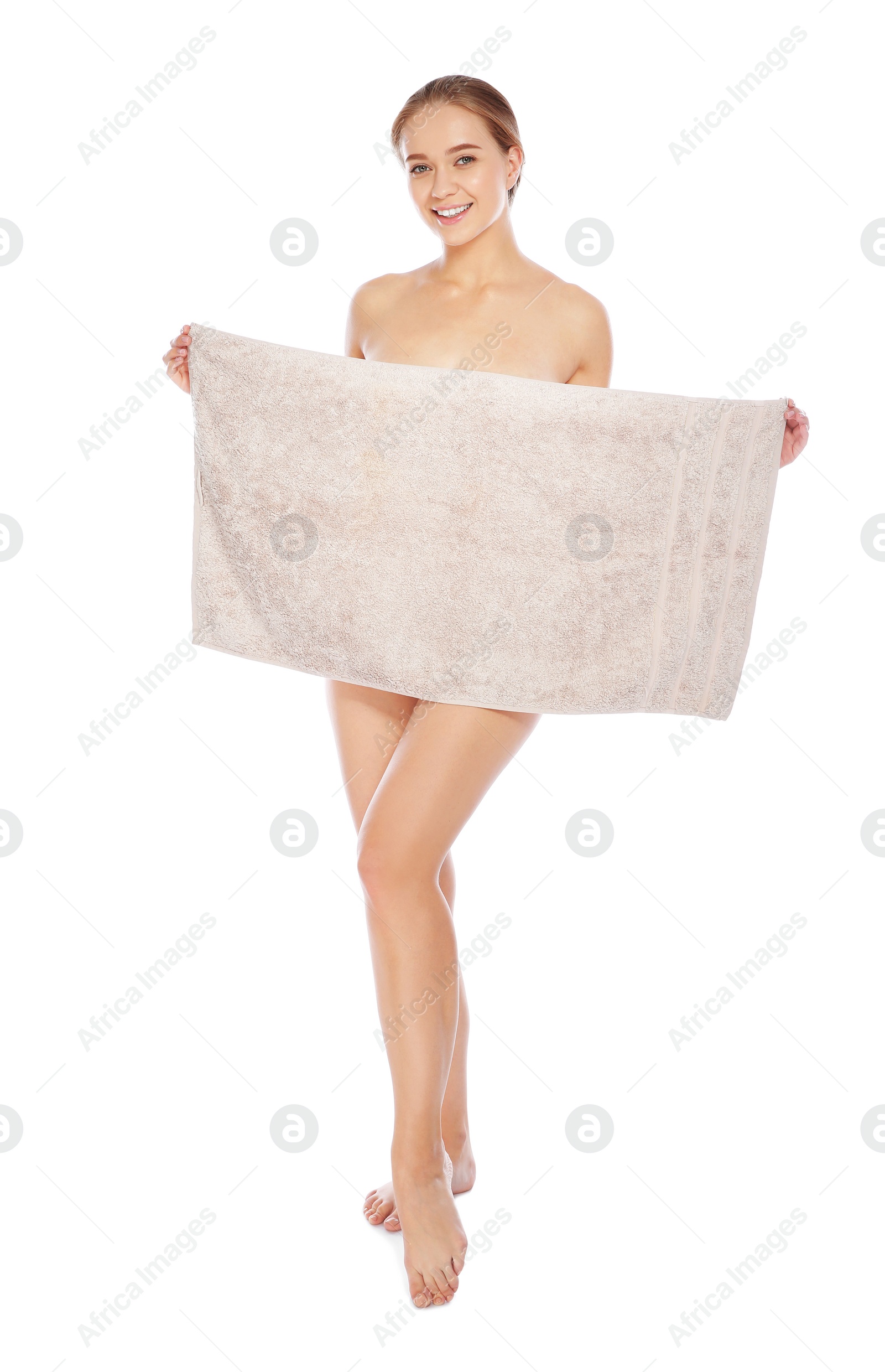 Photo of Full length portrait of young pretty woman with towel on white background