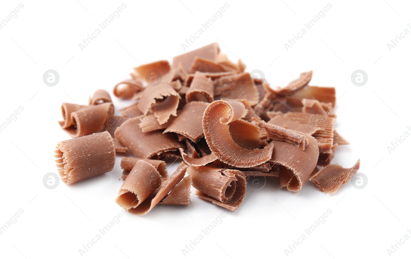 Photo of Pile of tasty chocolate shavings isolated on white