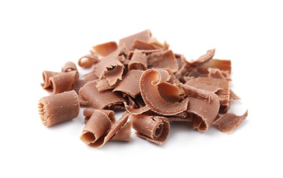 Photo of Pile of tasty chocolate shavings isolated on white