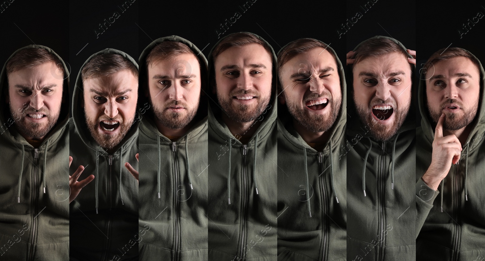 Image of Young man expressing different emotions on black background, collage. Personality concept