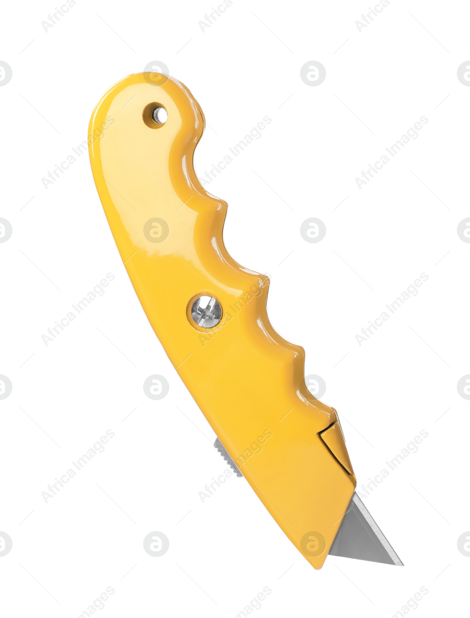 Photo of Yellow utility knife isolated on white. Construction tool