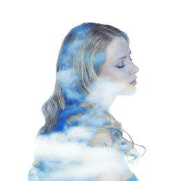 Double exposure of beautiful thoughtful woman and blue sky. Concept of inner power