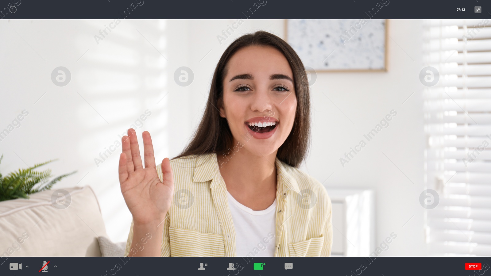 Image of Woman communicating with coworkers from home using video chat, view through camera