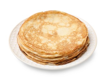 Photo of Stack of delicious crepes on plate against white background