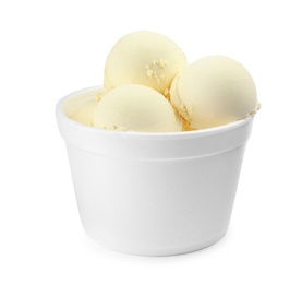 Delicious vanilla ice cream in dessert bowl on white background