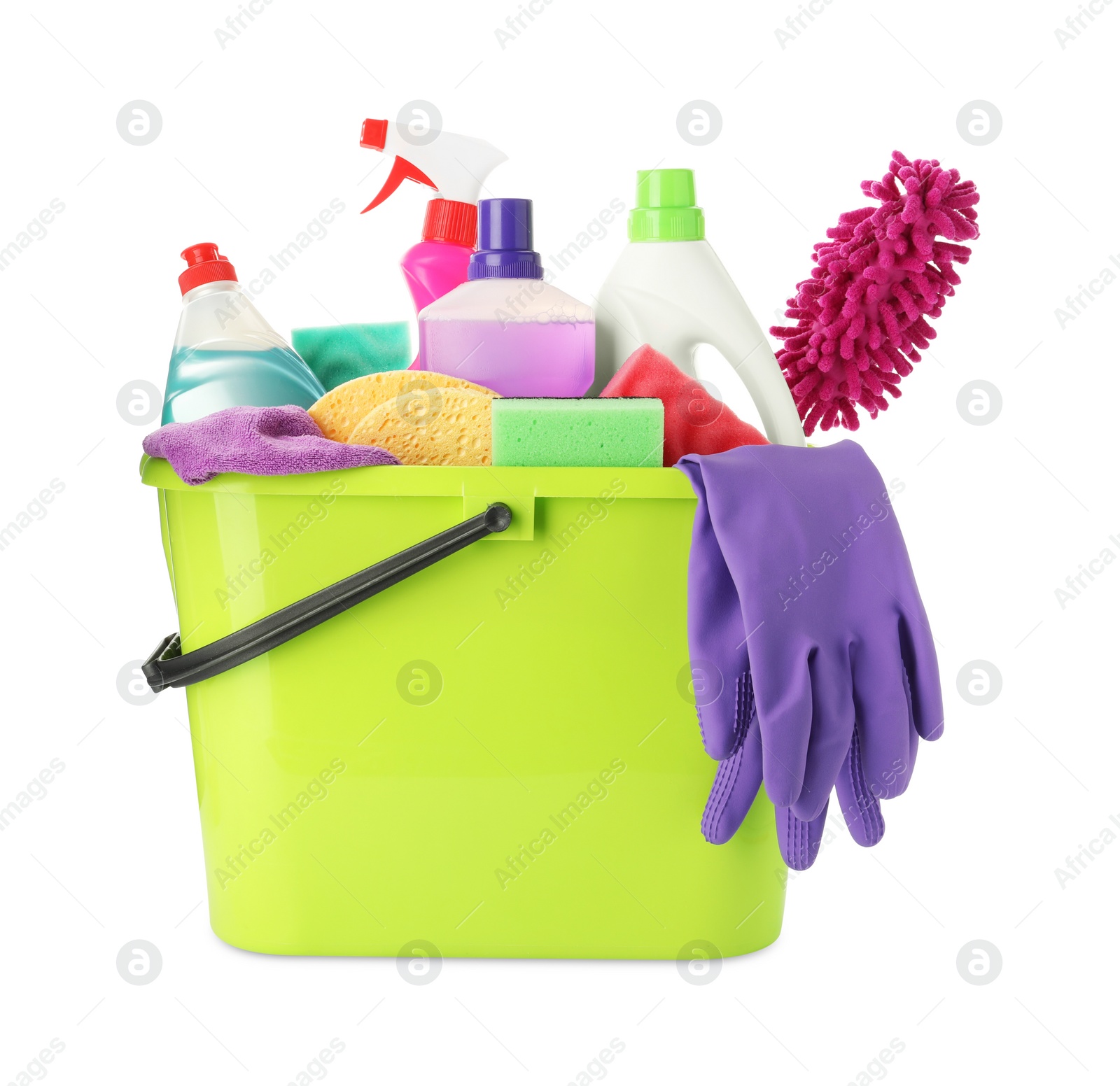 Photo of Green plastic bucket with cleaning supplies and tools isolated on white