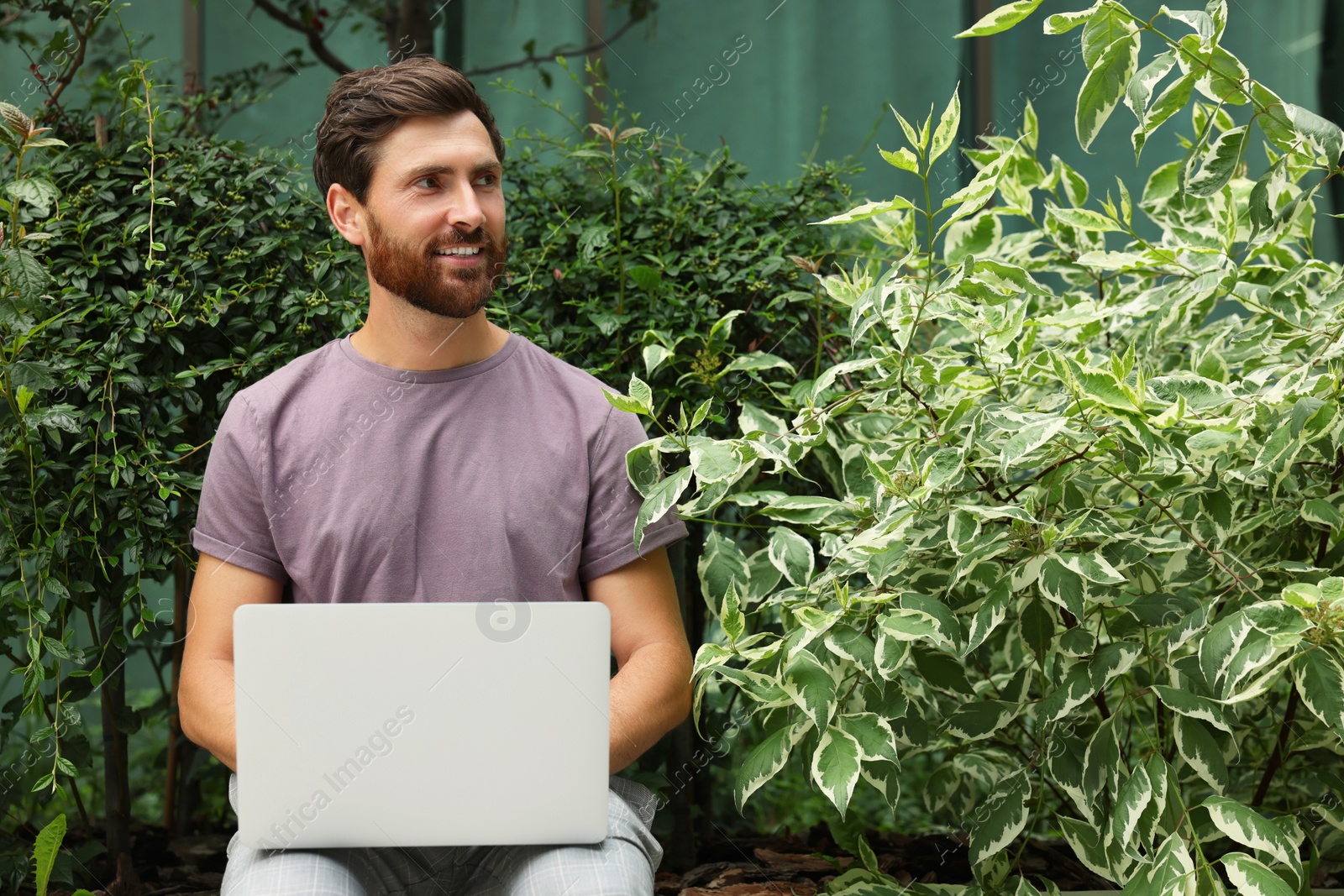 Photo of Handsome man with laptop in green garden