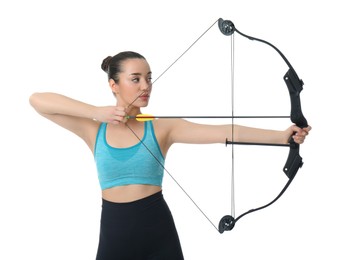 Photo of Sporty young woman practicing archery on white background
