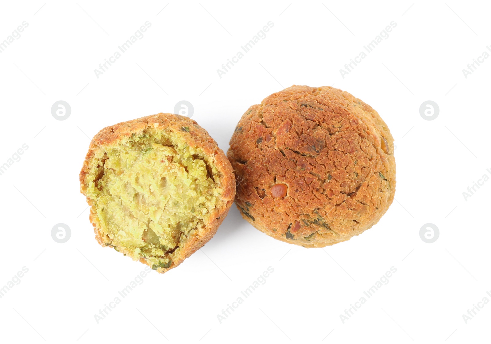 Photo of Delicious falafel balls on white background, top view