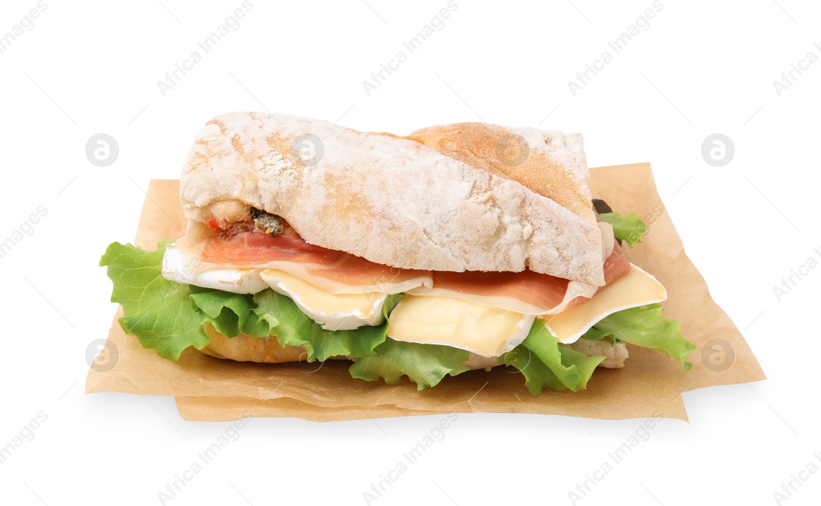 Photo of Tasty sandwich with brie cheese and prosciutto isolated on white