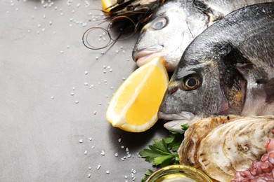 Fresh raw dorado fish, oyster and lemon on light grey background, closeup. Space for text