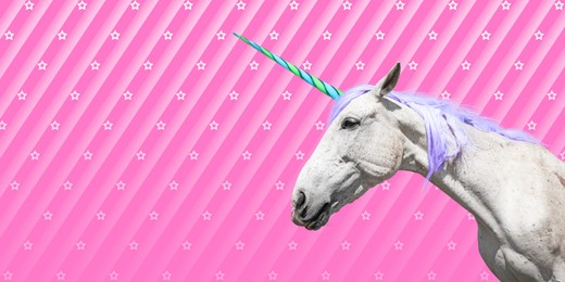 Image of Trendy art collage. Beautiful unicorn on color background, banner design with space for text