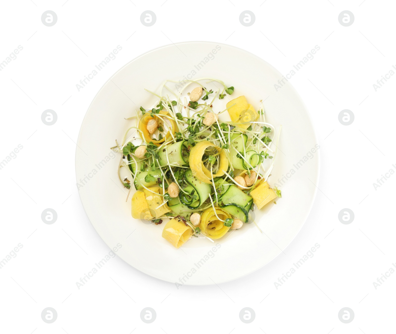 Photo of Delicious fresh carrot salad with cucumber isolated on white, top view