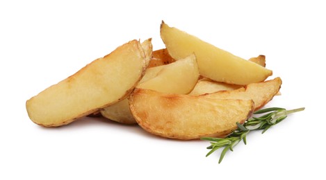 Photo of Tasty baked potato wedges with rosemary on white background
