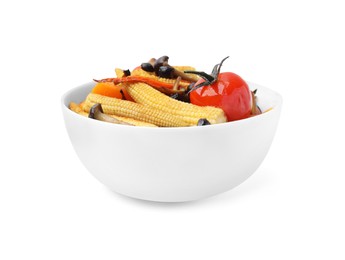 Tasty roasted baby corn with tomatoes and mushrooms isolated on white