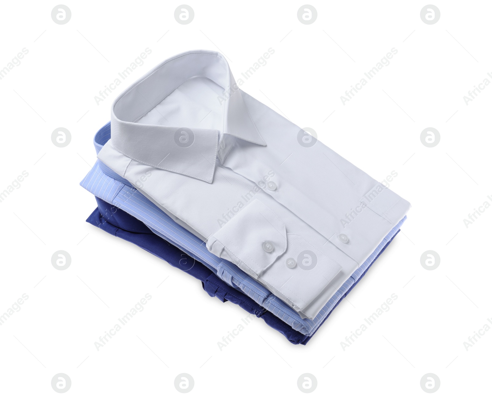 Photo of Stack of stylish shirts isolated on white. Dry-cleaning service