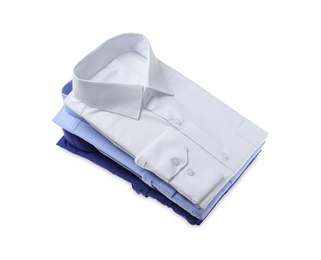 Stack of stylish shirts isolated on white. Dry-cleaning service