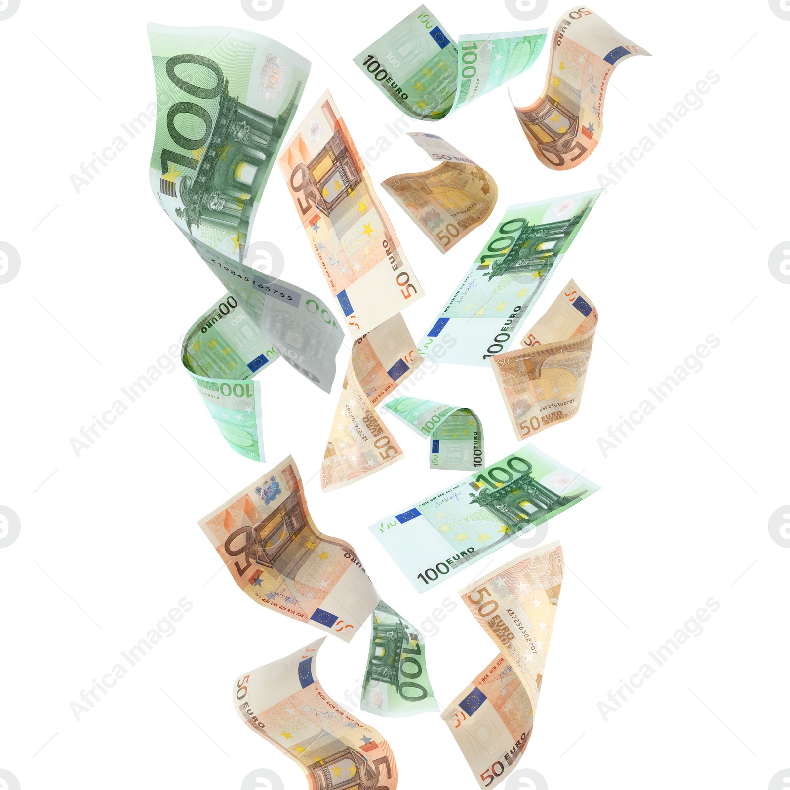 Image of Many euro banknotes flying on white background