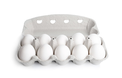 Photo of Box with chicken eggs isolated on white