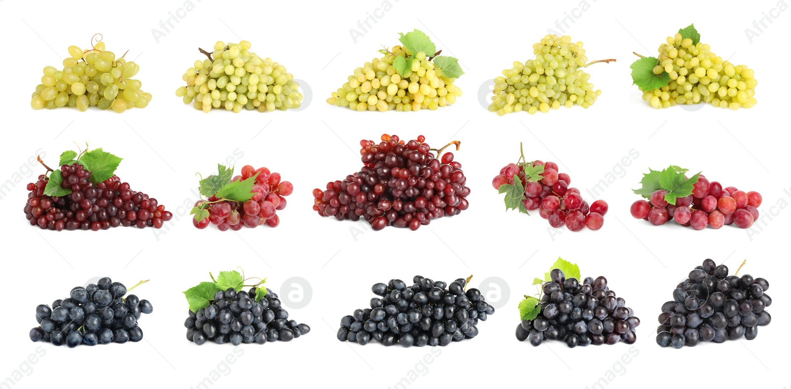 Image of Set with different fresh ripe grapes on white background