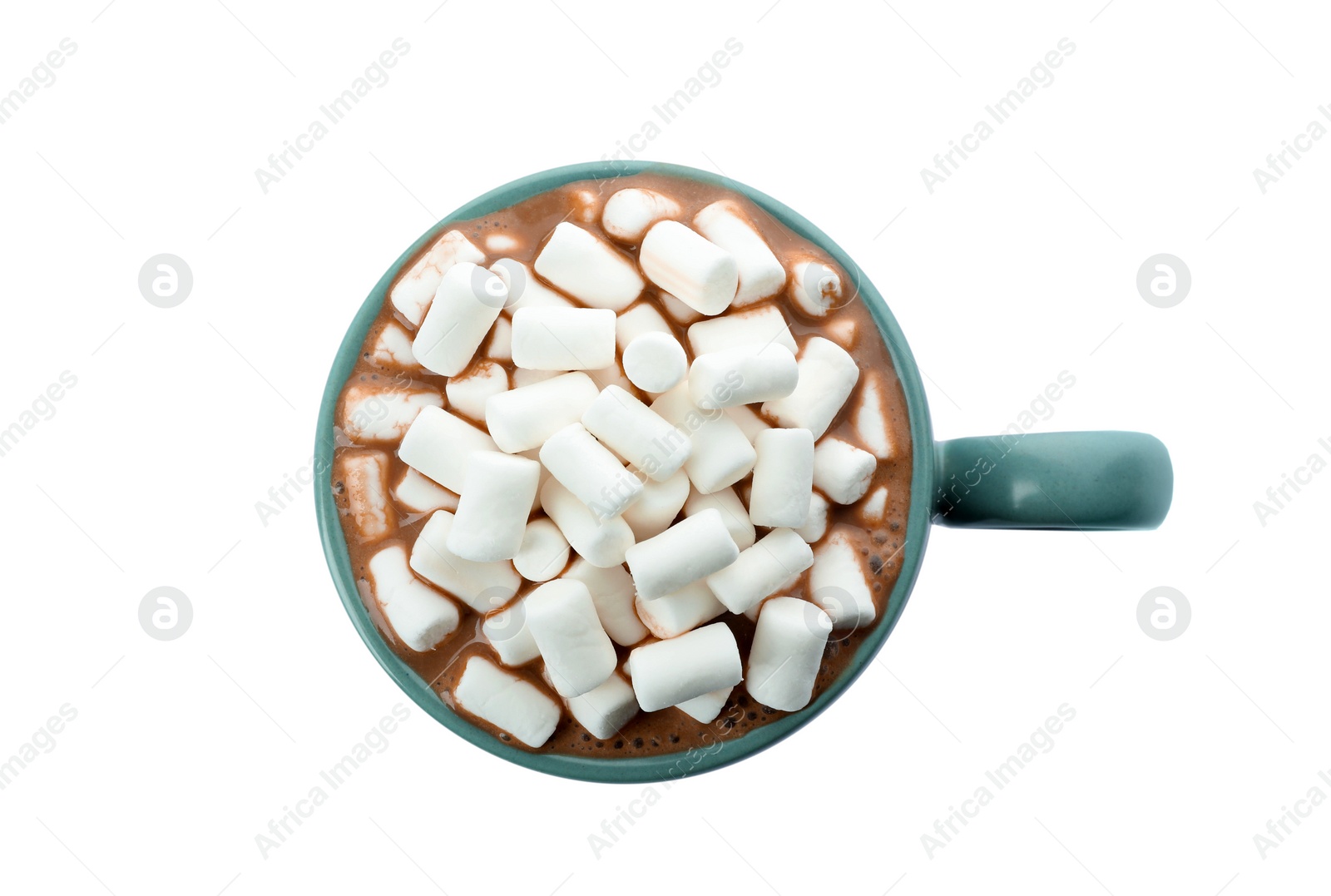 Photo of Delicious cocoa drink with marshmallows on white background, top view