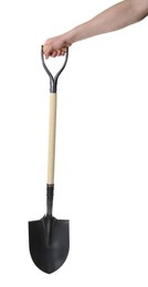 Photo of Man holding shovel on white background, closeup