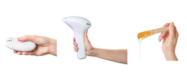Collage of women holding different equipment for epilation on white background, closeup. Banner design