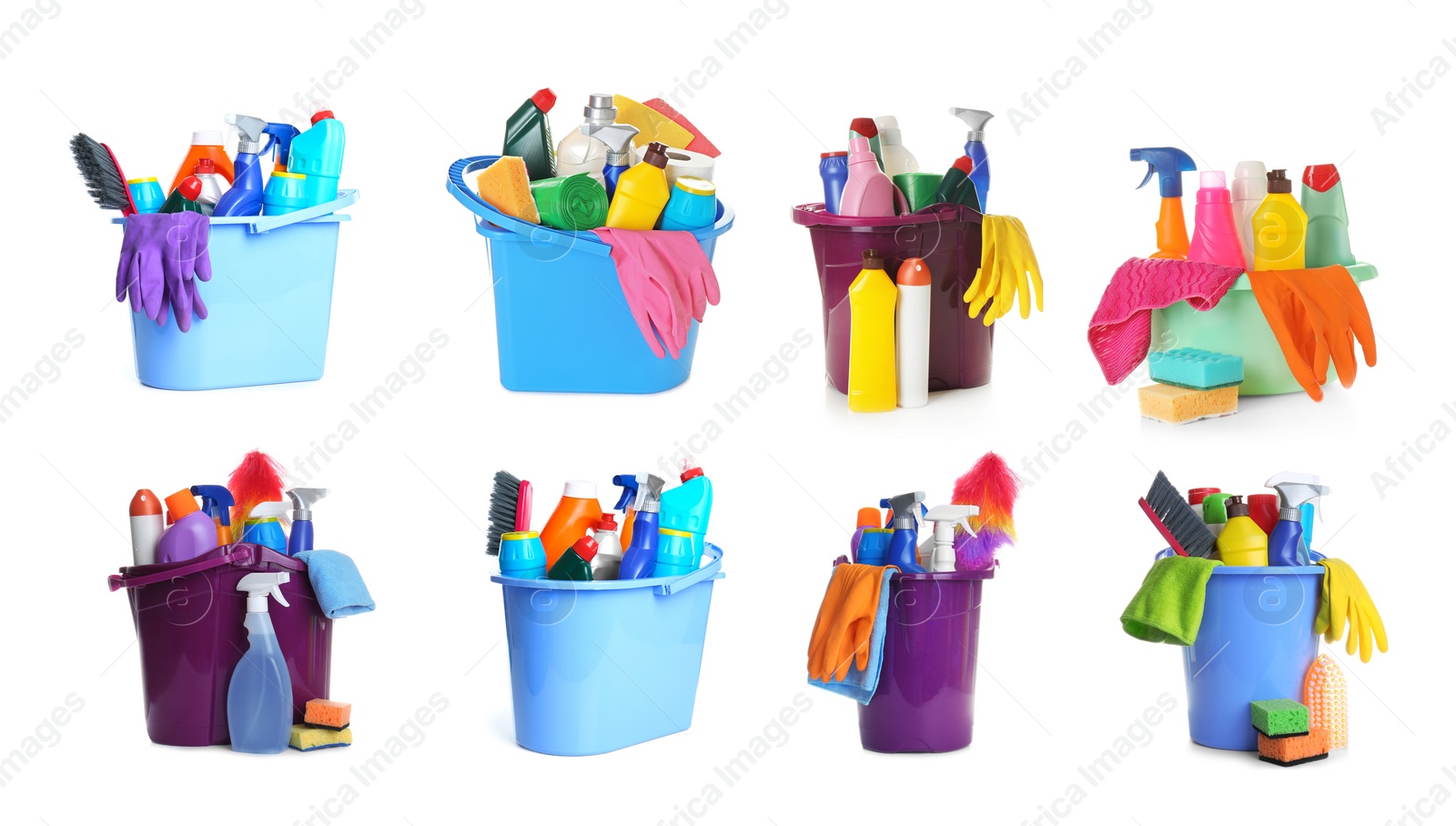 Image of Collage of buckets with cleaning supplies on white background