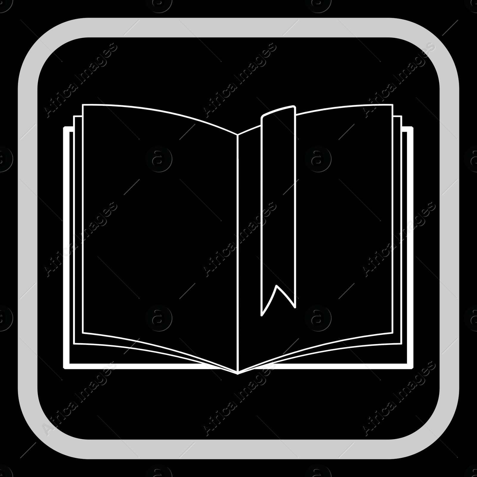 Image of Open book with bookmark in frame, illustration on black background