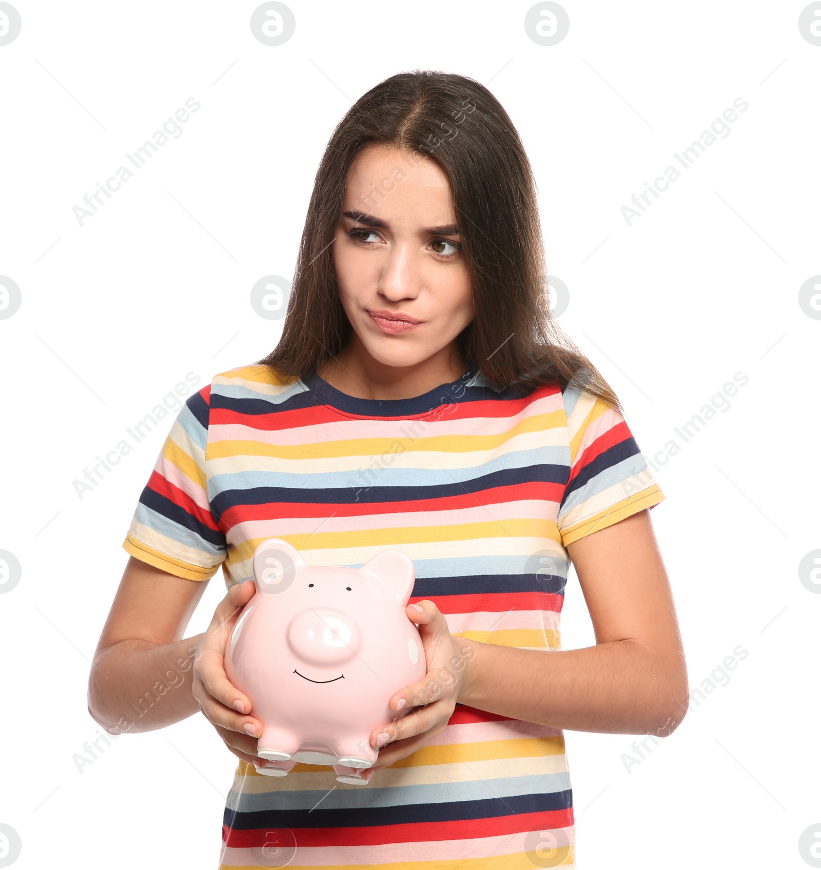 Photo of Portrait of young woman with piggy bank on white background