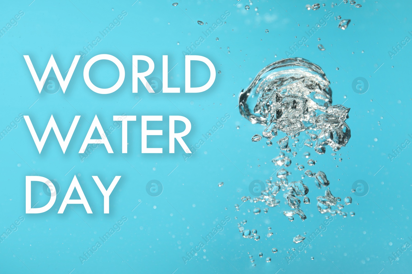 Image of Text World Water Day and air bubbles in water on light blue background