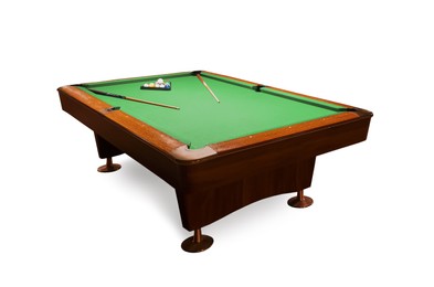 Image of Billiard table with wooden cues, rack and balls on white background