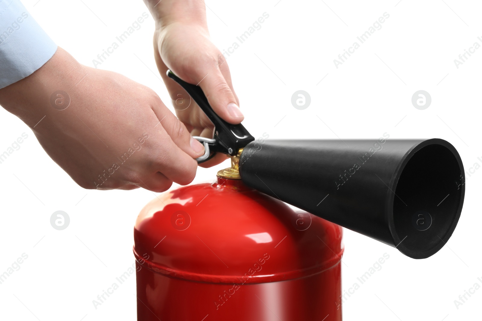 Photo of Man using fire extinguisher on white background, closeup