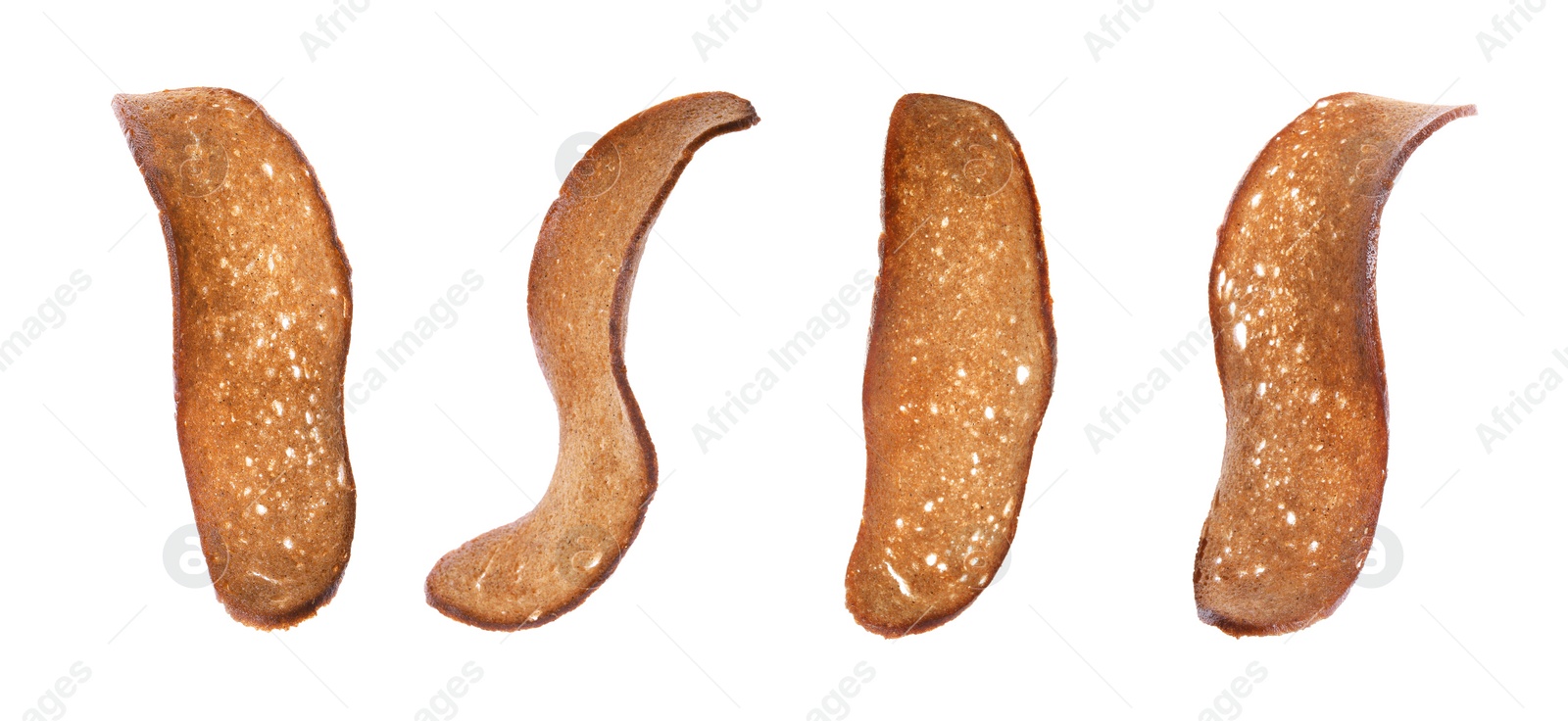 Image of Set with delicious crispy rusks on white background. Banner design