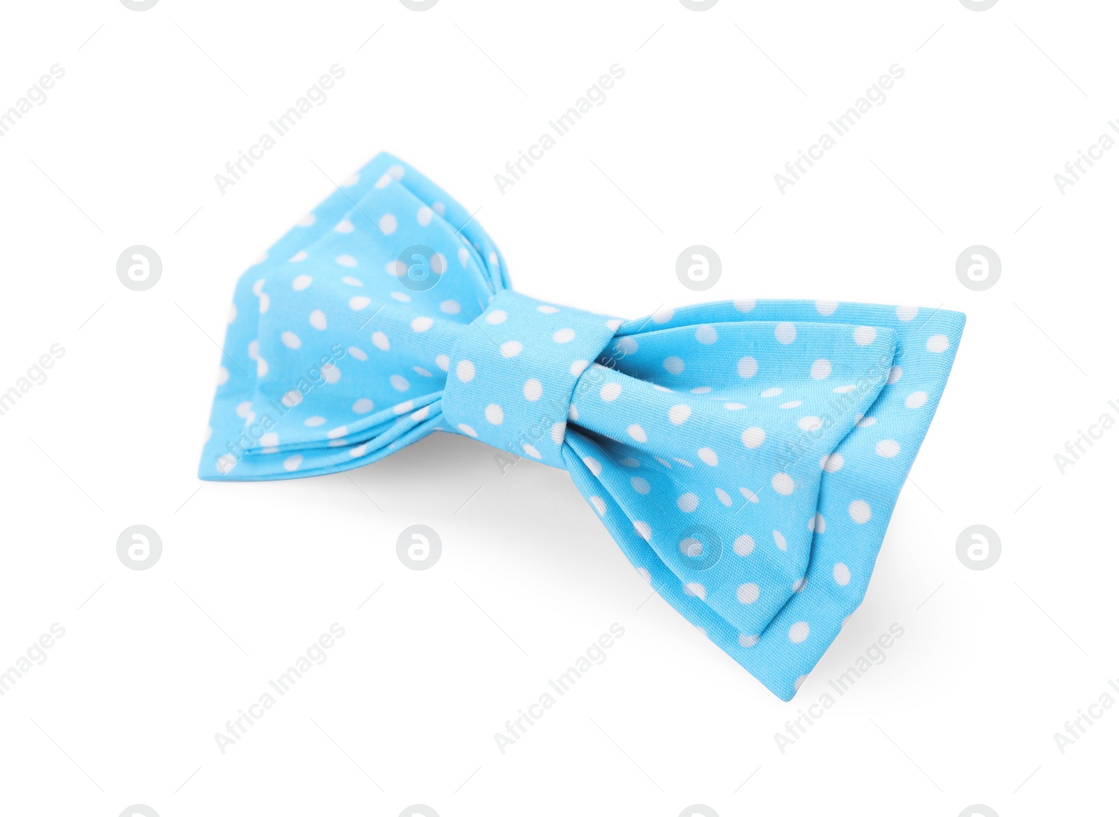 Photo of Stylish light blue bow tie with polka dot pattern on white background