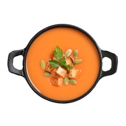 Photo of Tasty creamy pumpkin soup with croutons, seeds and parsley in bowl on white background, top view