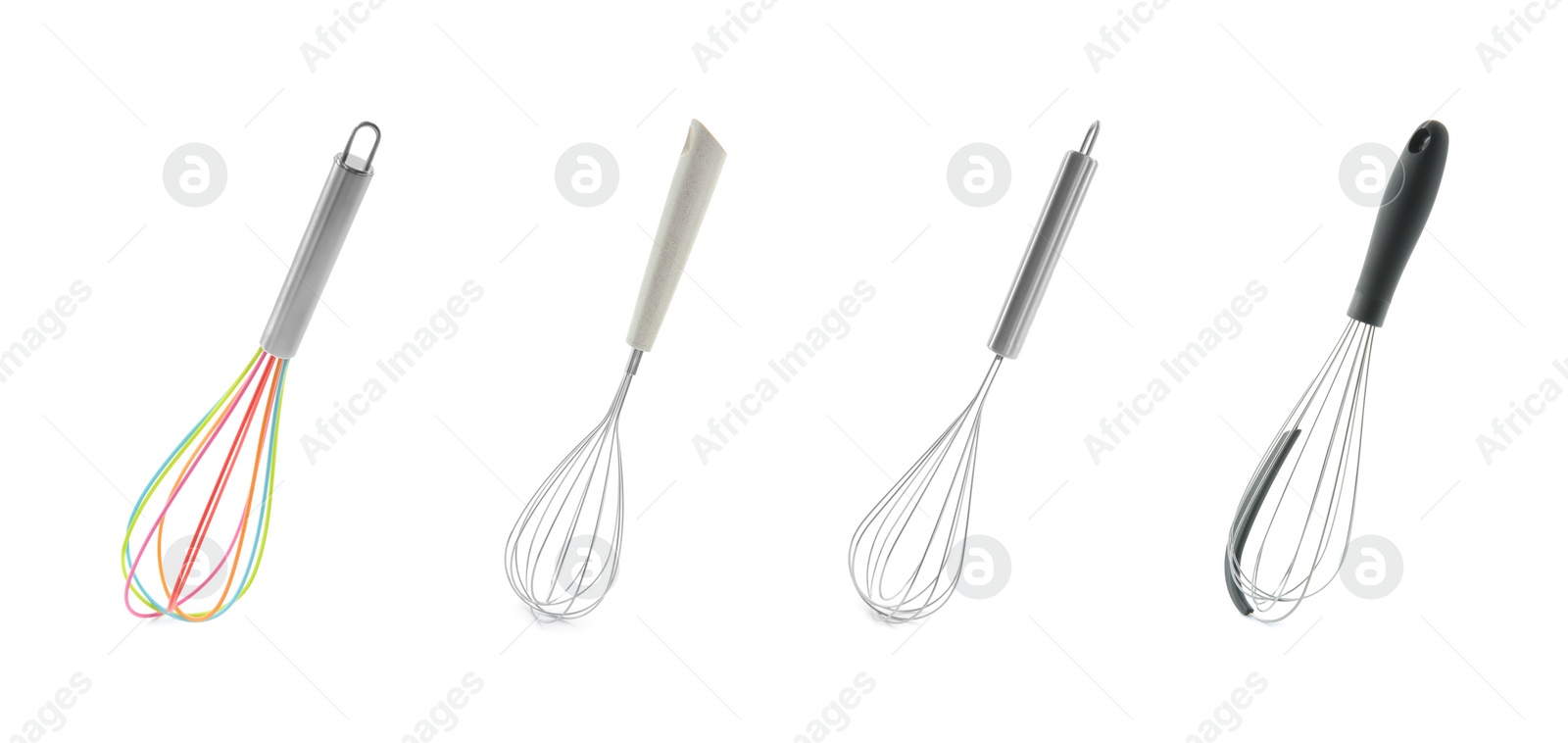 Image of Different whisks isolated on white, collection. Kitchen tool