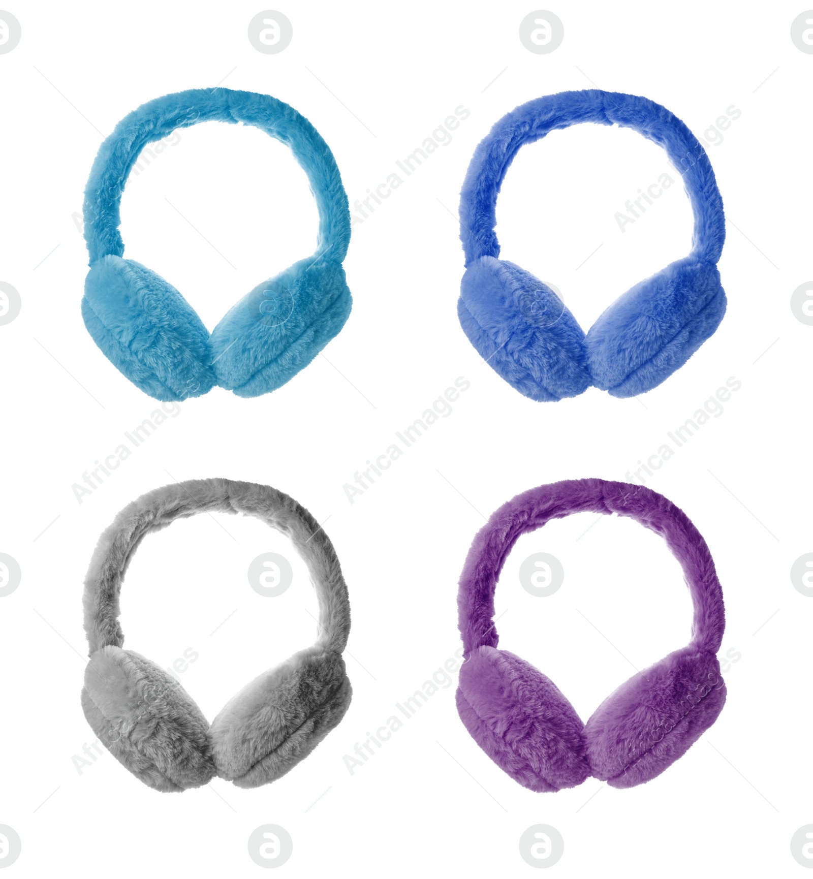 Image of Set with different colorful soft earmuffs on white background